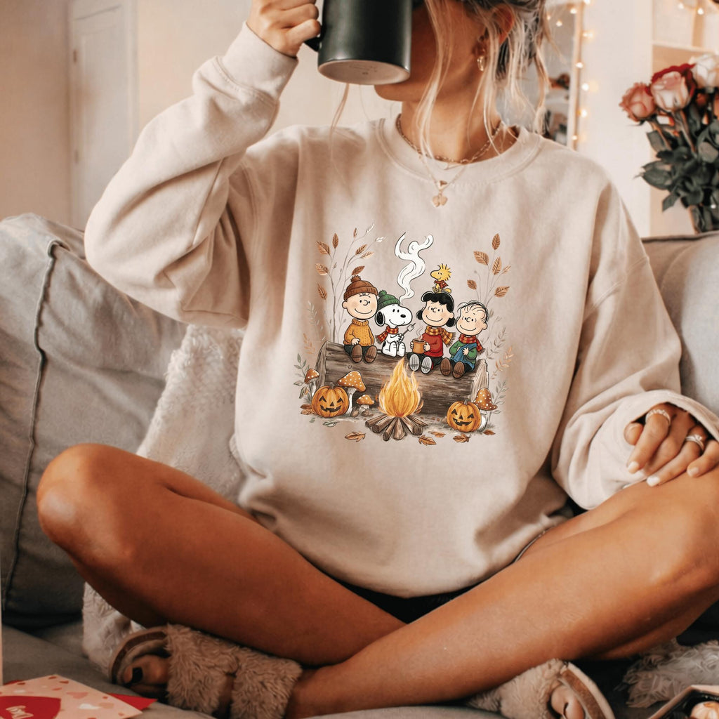 Comfort Colors Snoopy Friends Fall Shirt Women, Cozy Halloween Campfire Pumpkin Autumn Charlie Brown Graphic Tee, Gift for Her Aesthetic
