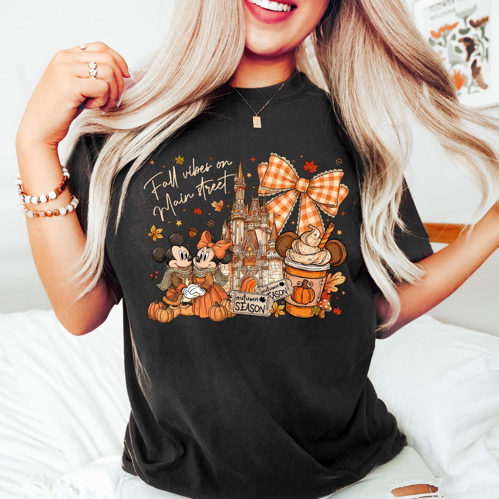 Comfort Colors Mickey Fall Vibes on Main Street Shirt Women, Disney Pumpkin Spice Castle Coquette Autumn Graphic Tee, Gift for Her Aesthetic