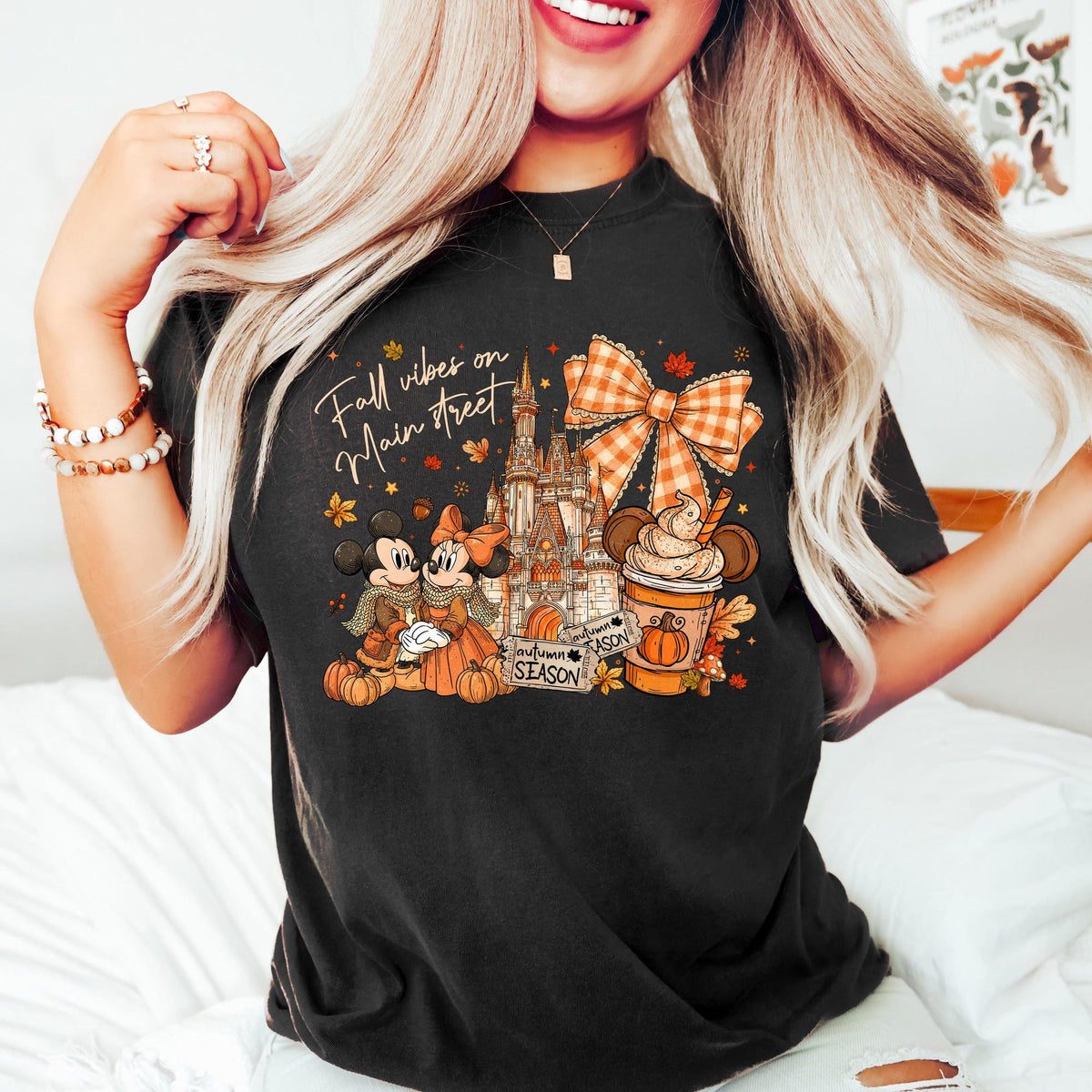 Comfort Colors Mickey Fall Vibes on Main Street Shirt Women, Disney Pumpkin Spice Castle Coquette Autumn Graphic Tee, Gift for Her Aesthetic