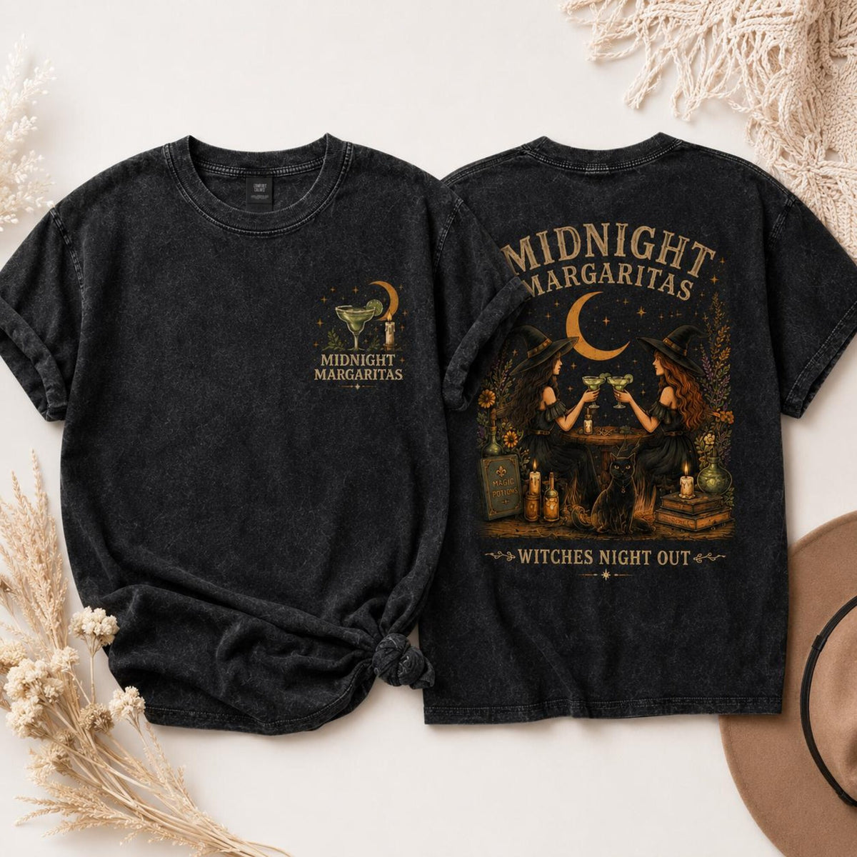 Comfort Colors Midnight Margaritas Washed Shirt Women, Vintage Witchy Cocktail Margarita Halloween Practical Magic Graphic Tee, Gift for Her Aesthetic