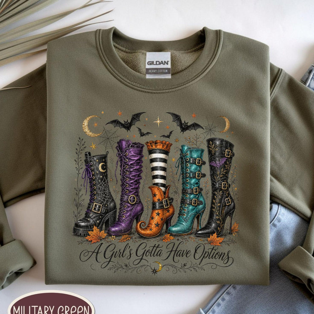 Comfort Colors A Girl Gotta Have Options Shirt Women, Witchy Boots Halloween Funny Witch Cute October Graphic Tee, Gift for Her Aesthetic