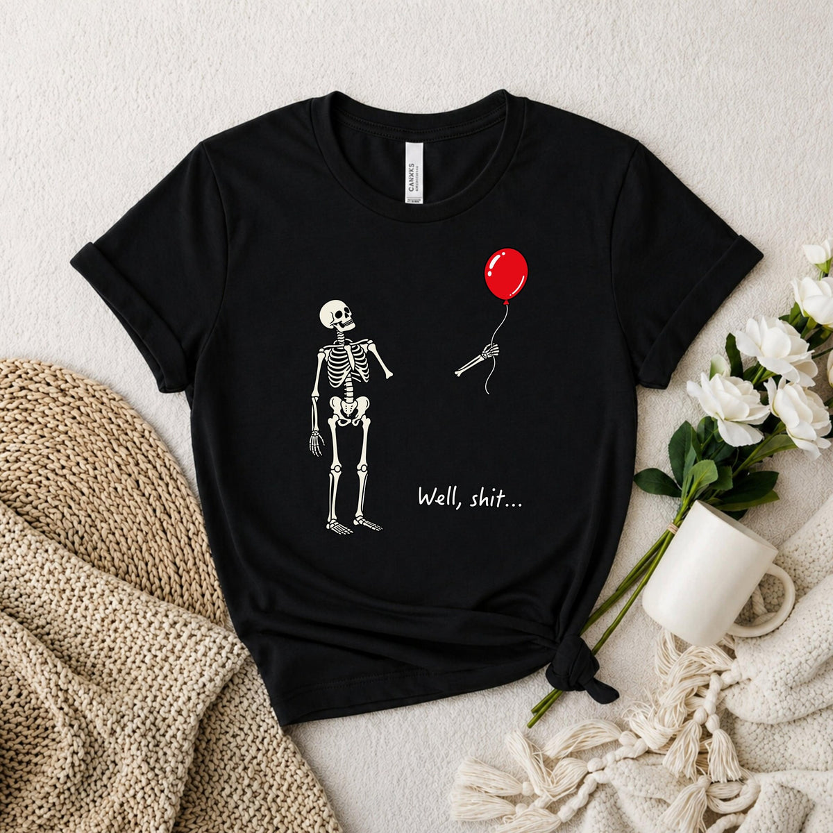 Skeleton Red Balloon TShirt Dark Humor Sarcastic Apparel Relatable Spooky Tee