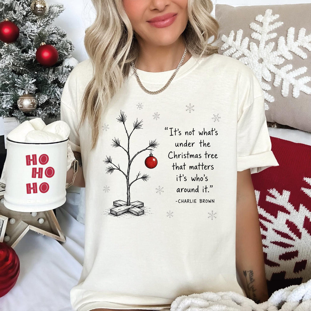 Comfort Colors Charlie Brown Christmas Tree Shirt Women, Its Not Whats Under the Tree That Matters Family Holiday Quote Graphic Tee, Christmas Gift for Her Aesthetic