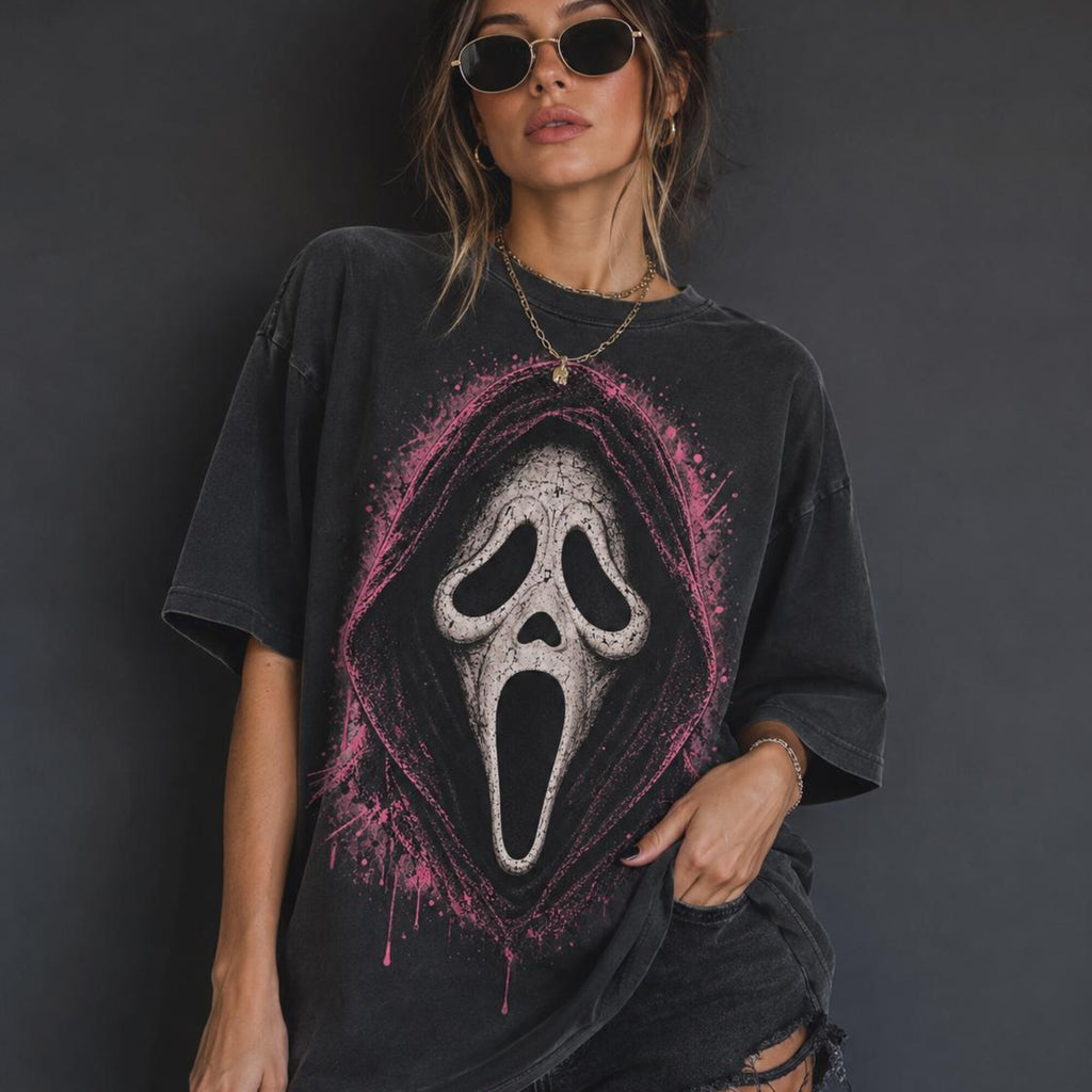 Ghostface Halloween Shirt Horror Graphic Tee Gothic Pink Skull Shirt Spooky Oversized Tee Dark Y2K Shirt Scream Inspired Top