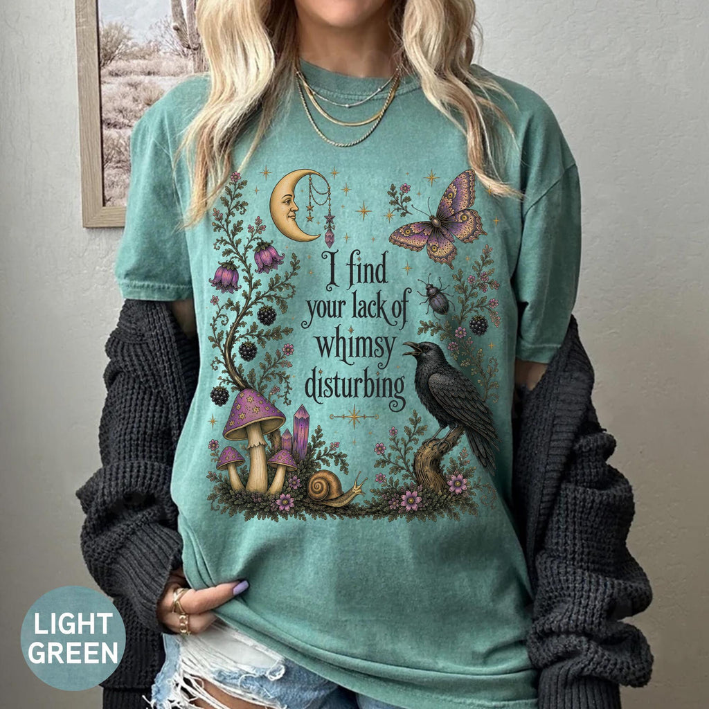 Comfort Colors Lack of Whimsy Crow Shirt Women, Witchy Autumn Celestial Moth Halloween Practical Magic Graphic Tee, Gift for Her Aesthetic