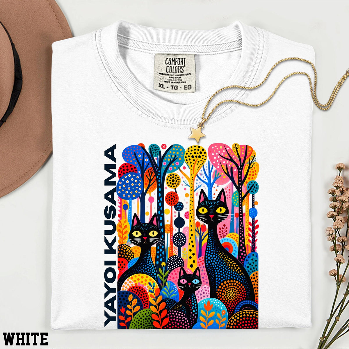 Yayoi Kusama Flower Cat Shirt Comfort Colors Polka Dot Tee Colorful Japanese Art TShirt Black Cat Graphic Retro Museum Artist Gift