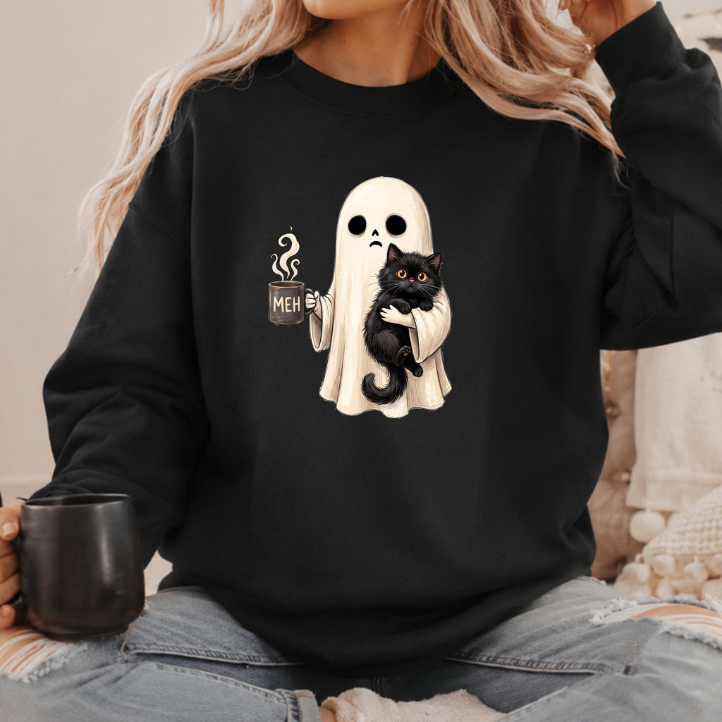 Halloween Ghost Sweatshirt Spooky Black Cat Tee Halloween Crew neck Funny Halloween Shirt Funny Introvert Halloween Shirt Ghost Tshirt