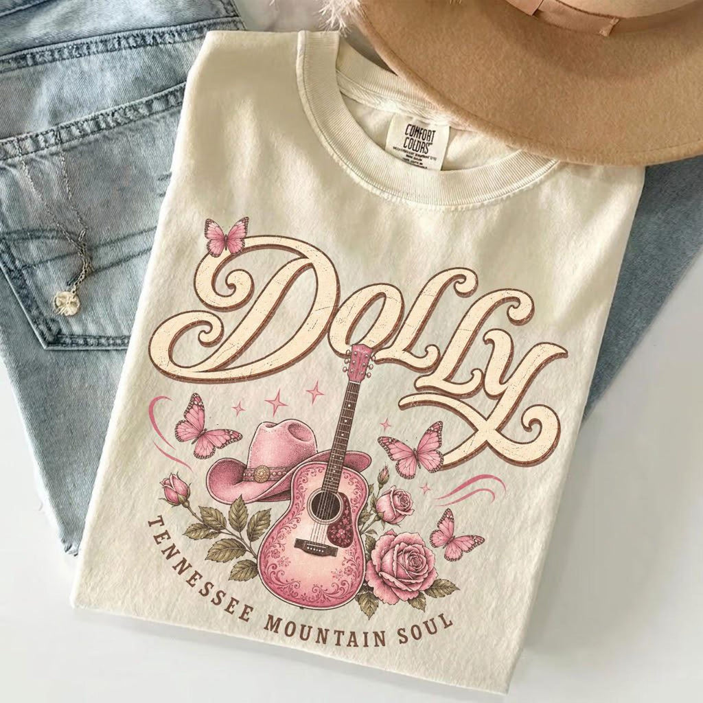 Comfort Colors Dolly Parton Pink Shirt Women, Country Music Western Guitar Rose Butterfly Cowgirl Retro Tennessee Graphic Tee, Fan Gift for Her Aesthetic