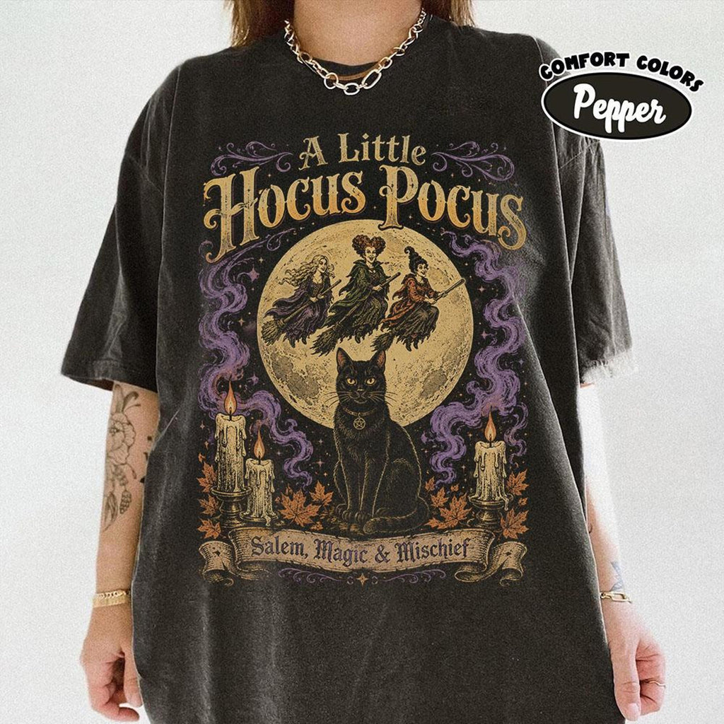 Halloween Hocus Pocus Vintage TShirt Salem Magic and Mischief Tee Sanderson Sisters Halloween Top Black Cat Spooky Season Shirt