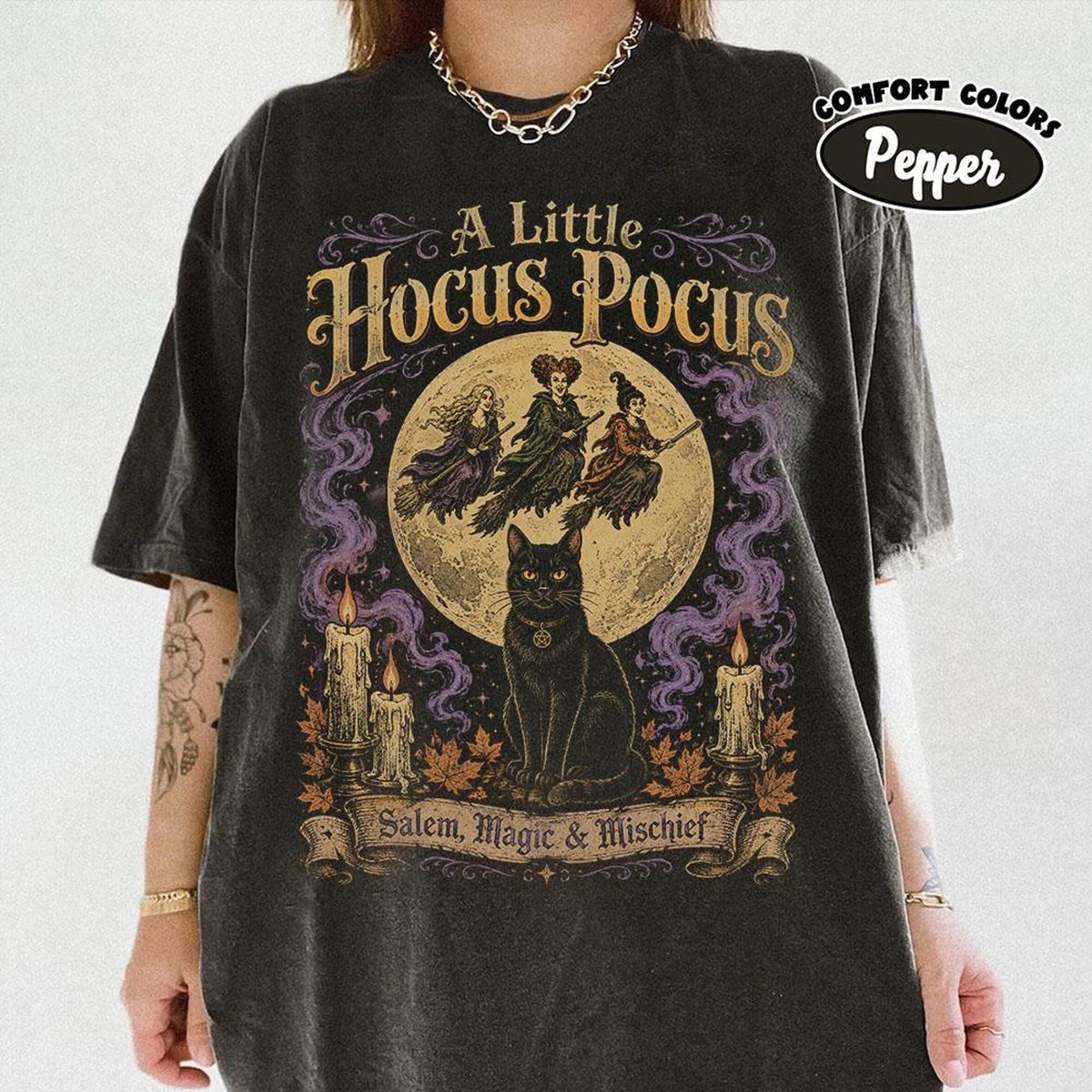 Halloween Hocus Pocus Vintage TShirt Salem Magic and Mischief Tee Sanderson Sisters Halloween Top Black Cat Spooky Season Shirt