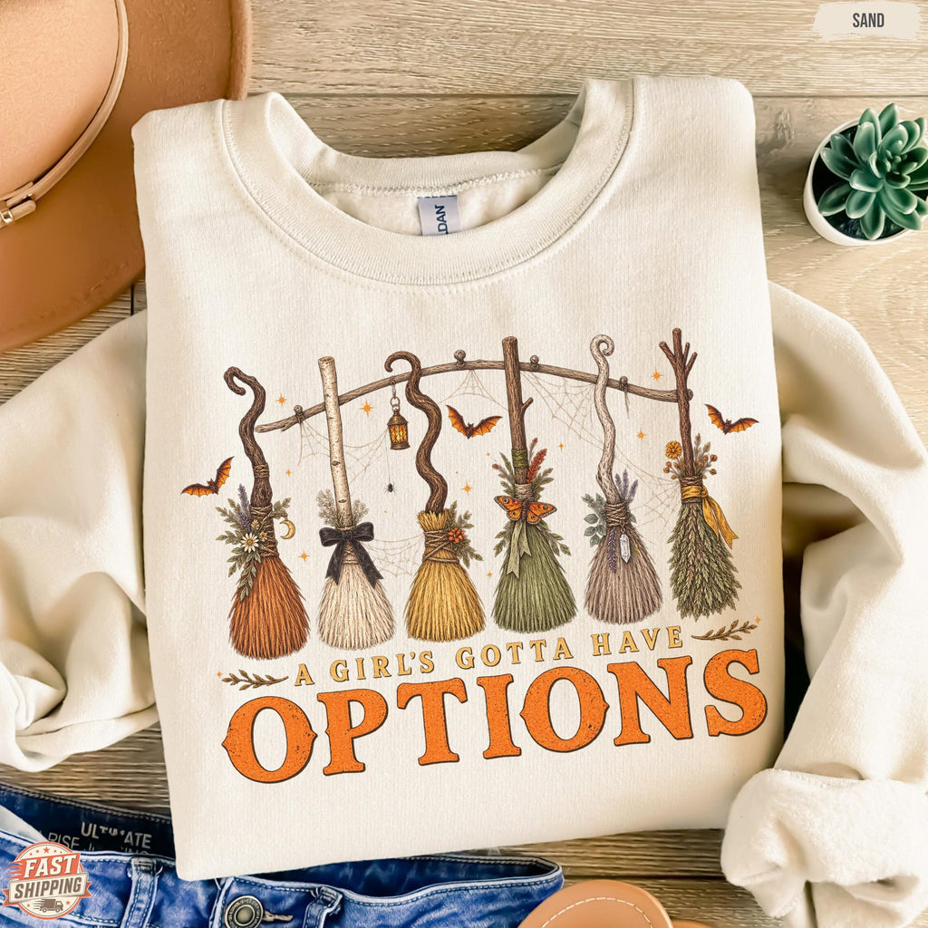 Comfort Colors A Girl Gotta Have Options Shirt Women, Witch Broom Retro Halloween Spooky Season Graphic Tee, Gift for Her Aesthetic