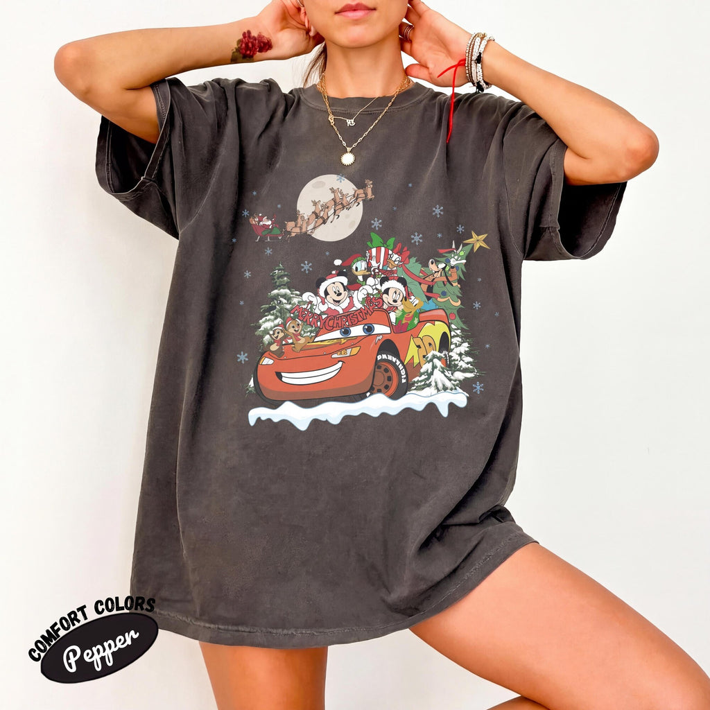 Comfort Colors Lightning McQueen Christmas Shirt, Disney Cars Retro Christmas Birthday Boy Holiday Graphic Tee, Gift Aesthetic