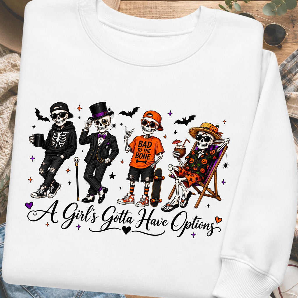Comfort Colors Funny Skeleton A Girl Gotta Have Options Shirt Women, Retro Halloween Trendy Spooky Season Feeling Witchy Graphic Tee, Gift for Her Aesthetic