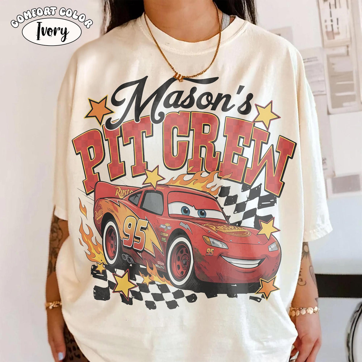 Comfort Colors Personalized Lightning McQueen Birthday Shirt Women, Retro Cars Pit Crew Vintage Disney Family Matching Vacation Trip Graphic Tee, Gift for Her Aesthetic