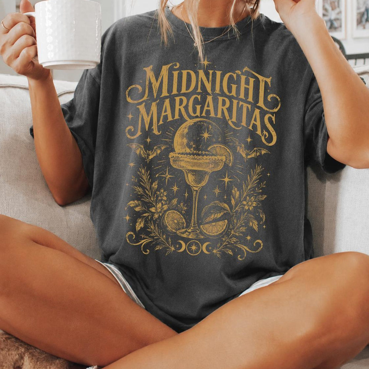 Comfort Colors Vintage Midnight Margaritas Shirt Women, Gothic Margarita Halloween Cocktail Practical Magic Spooky Night Graphic Tee, Gift for Her Aesthetic