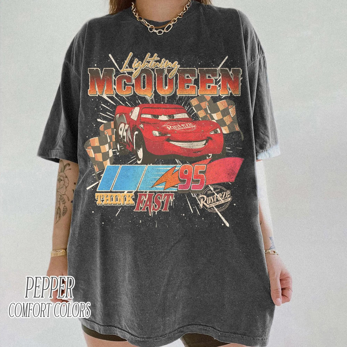 Comfort Colors Retro Lightning McQueen Rusteze Shirt Women, Piston Cup Disney Pixar Cars WDW Family Vacation Graphic Tee, Gift for Her Aesthetic