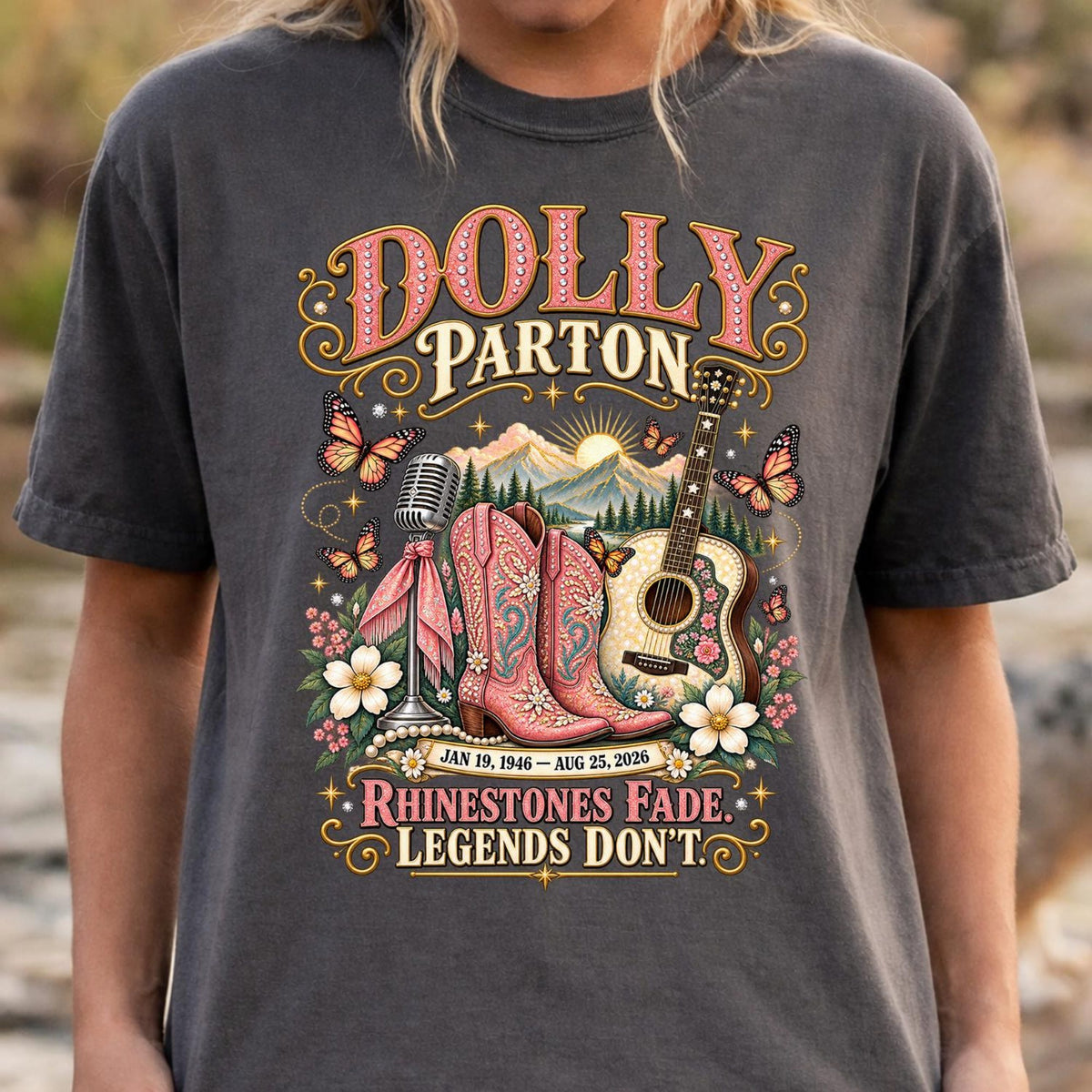 Comfort Colors Dolly Parton Tribute Shirt Women, Rhinestones Fade Legends Dont Vintage Country Music Memorial Cowgirl Graphic Tee, Fan Gift for Her Aesthetic