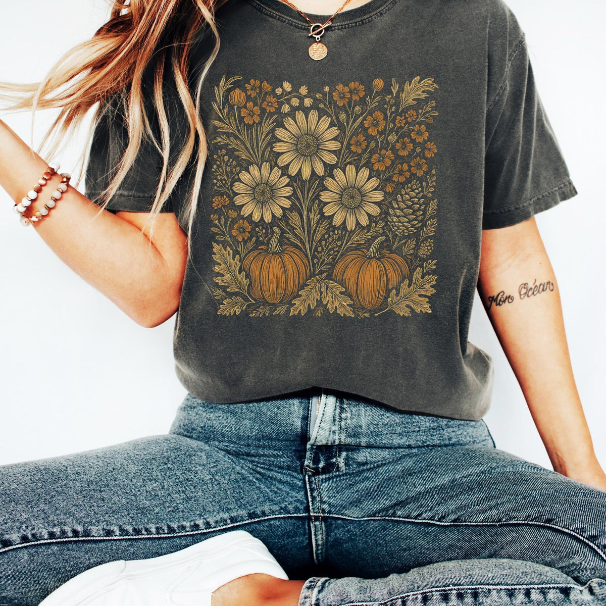 Comfort Colors Pumpkin Sunflower Floral Fall Print Shirt Thanksgiving Flower TShirt Fall Shirt Gift For Her Autumn Seasonal Fall Tee