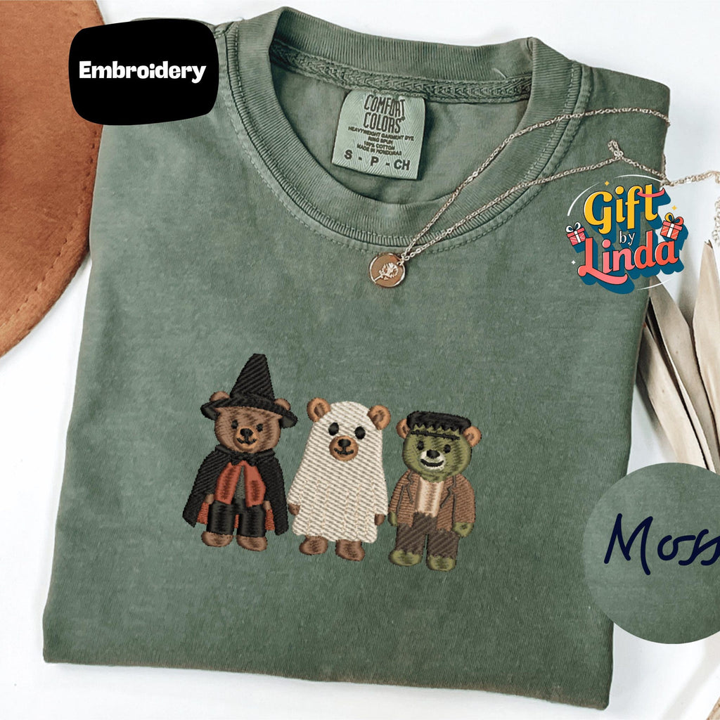 Cute Halloween Teddy Bear Shirt Embroidered Witch Ghost Frankenstein Bears Comfort Colors Spooky Season Tee Halloween Gift