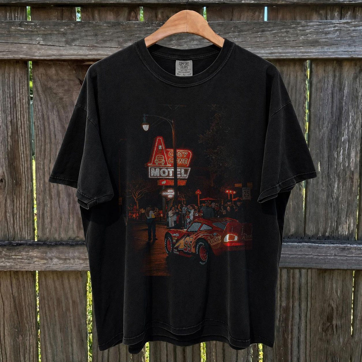 Comfort Colors Lightning McQueen Vintage Motel Lights Shirt Women, Disney Cars Funny Movie Streetwear Graphic Tee, Gift for Her Aesthetic