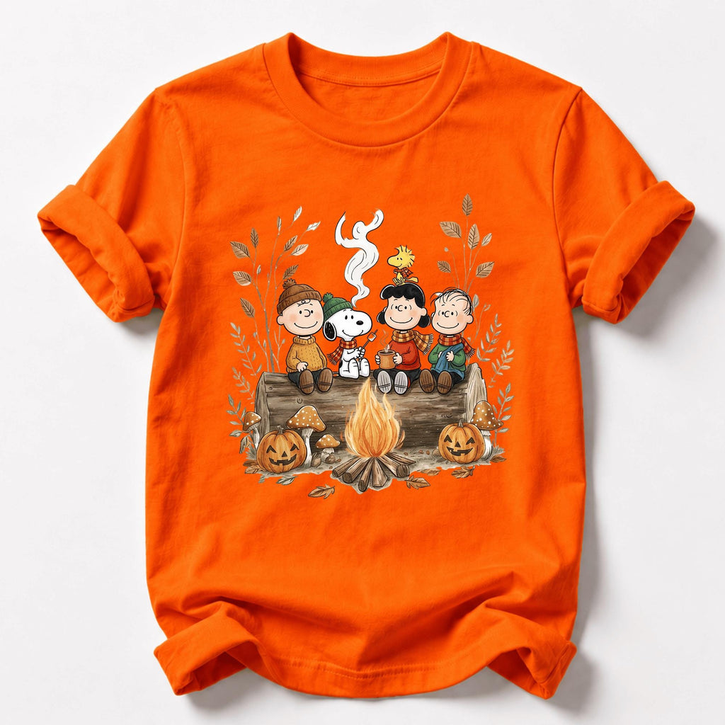 Comfort Colors Snoopy Friends Fall Shirt Women, Cozy Halloween Campfire Pumpkin Autumn Charlie Brown Graphic Tee, Gift for Her Aesthetic