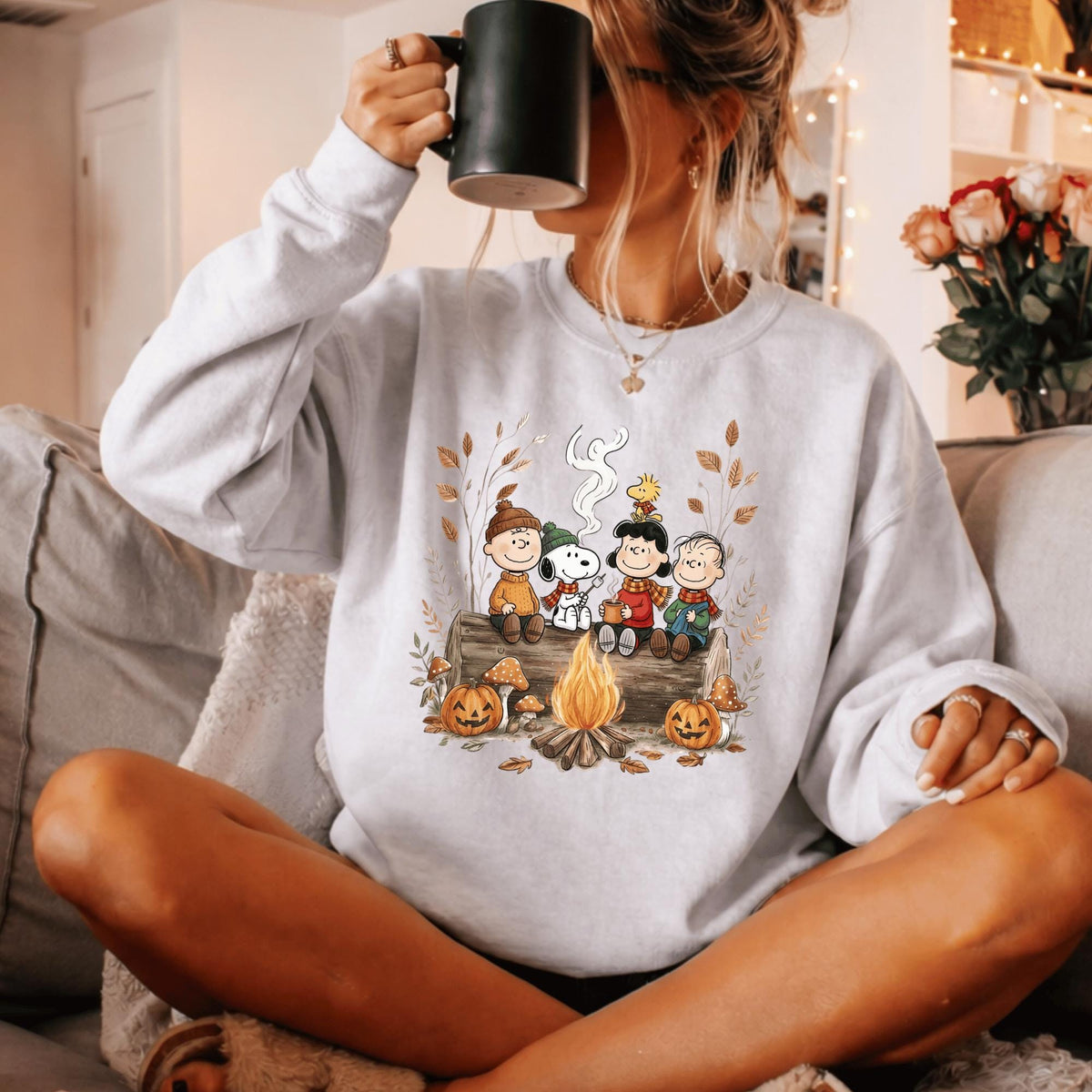 Comfort Colors Snoopy Friends Fall Shirt Women, Cozy Halloween Campfire Pumpkin Autumn Charlie Brown Graphic Tee, Gift for Her Aesthetic