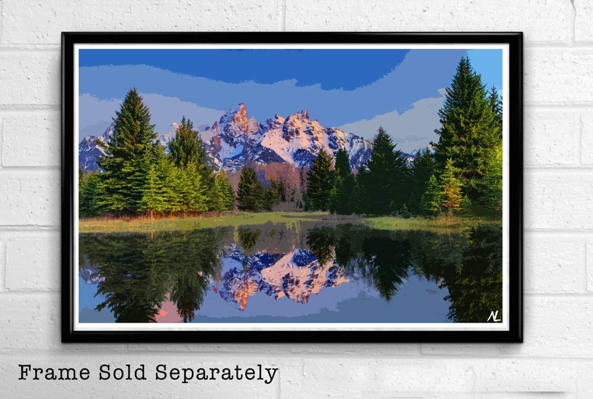 Grand Teton National Park Illustration #2 - Wyoming Mountain Landscape American - Poster | Canvas Wall Art Print