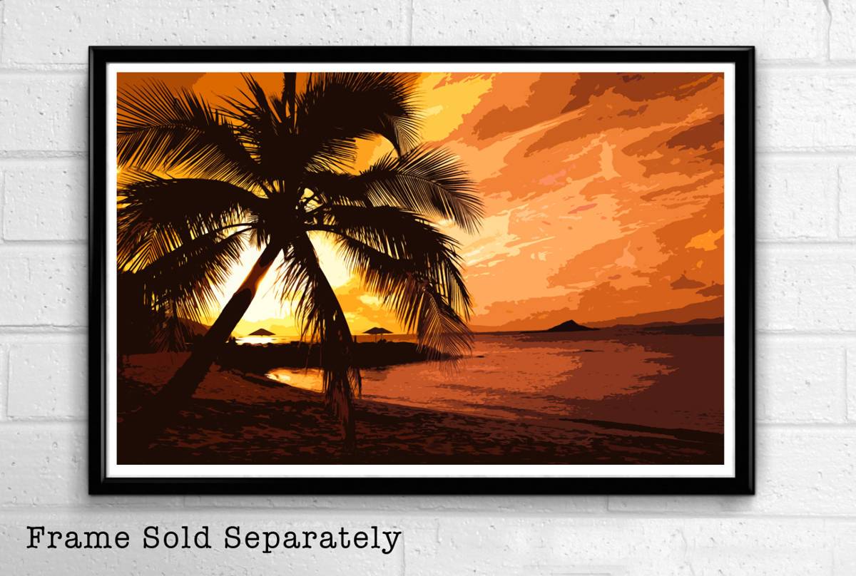 Tropical Palm Trees Orange Sunset Illustration #2 - Hawaii Pacific Ocean Landscape American - Poster | Canvas Wall Art Print