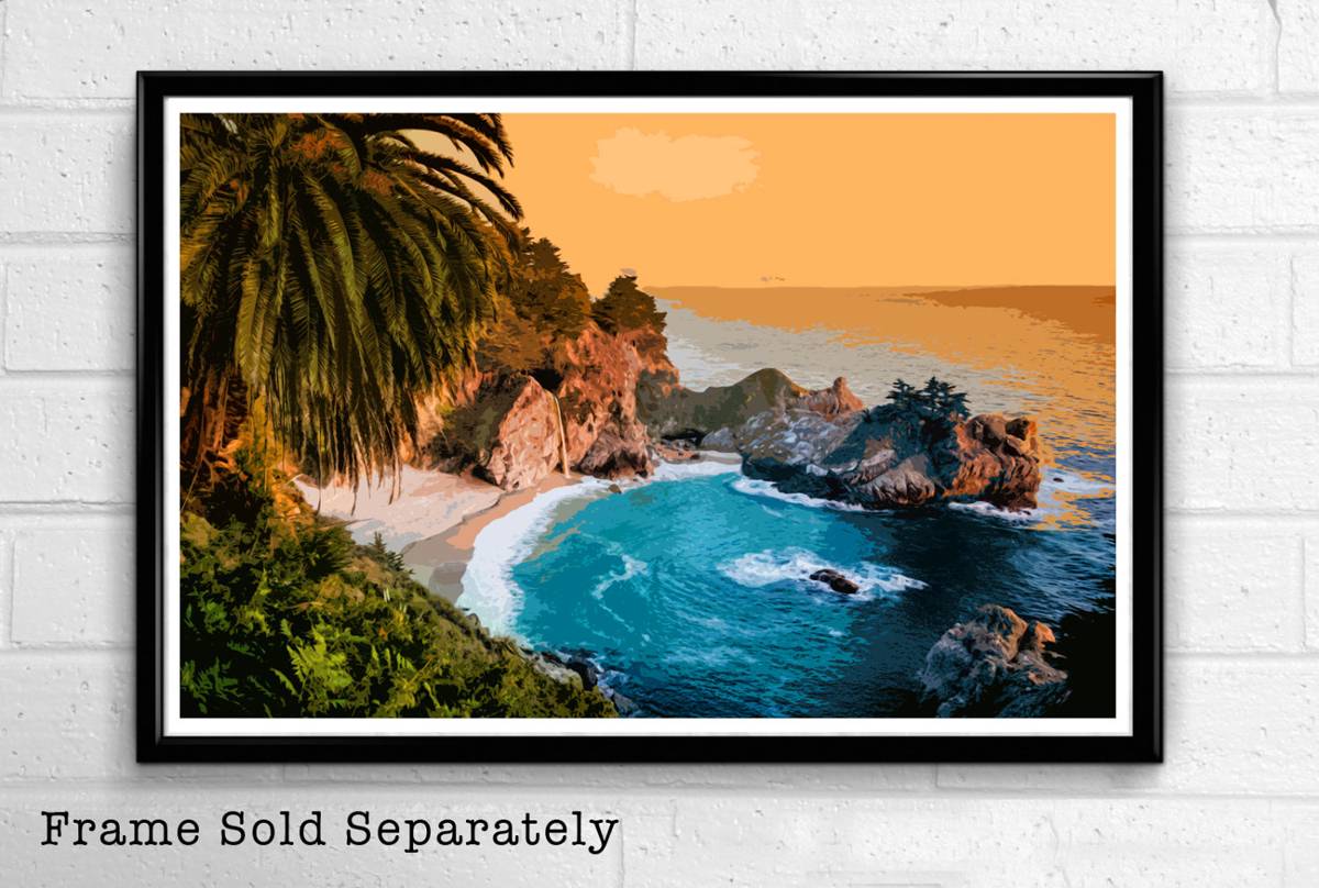 California Big Sur Mcway Falls Illustration - Pacific Ocean Nature Landscape American - Poster | Canvas Wall Art Print