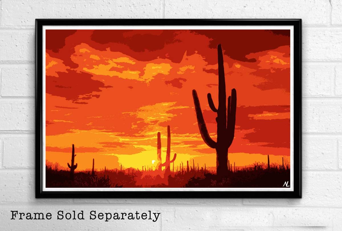 Saguaro National Park Illustration - Desert Sunset Arizona Landscape - Poster | Canvas Wall Art Print