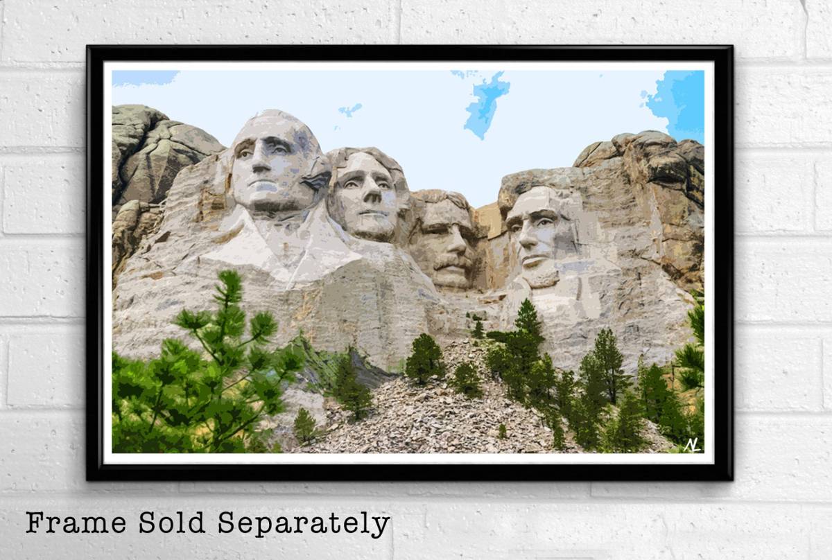 Mount Rushmore National Memorial Illustration - South Dakota Mountain Landscape American - Poster | Canvas Wall Art Print