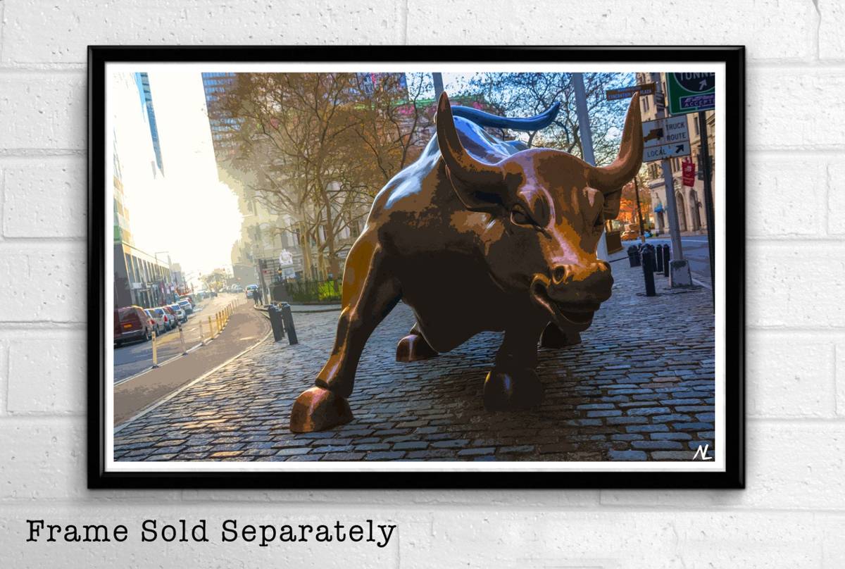 New York City Charging Bull Illustration - Nyc Wall Street American United States Landmark - Poster | Canvas Wall Art Print
