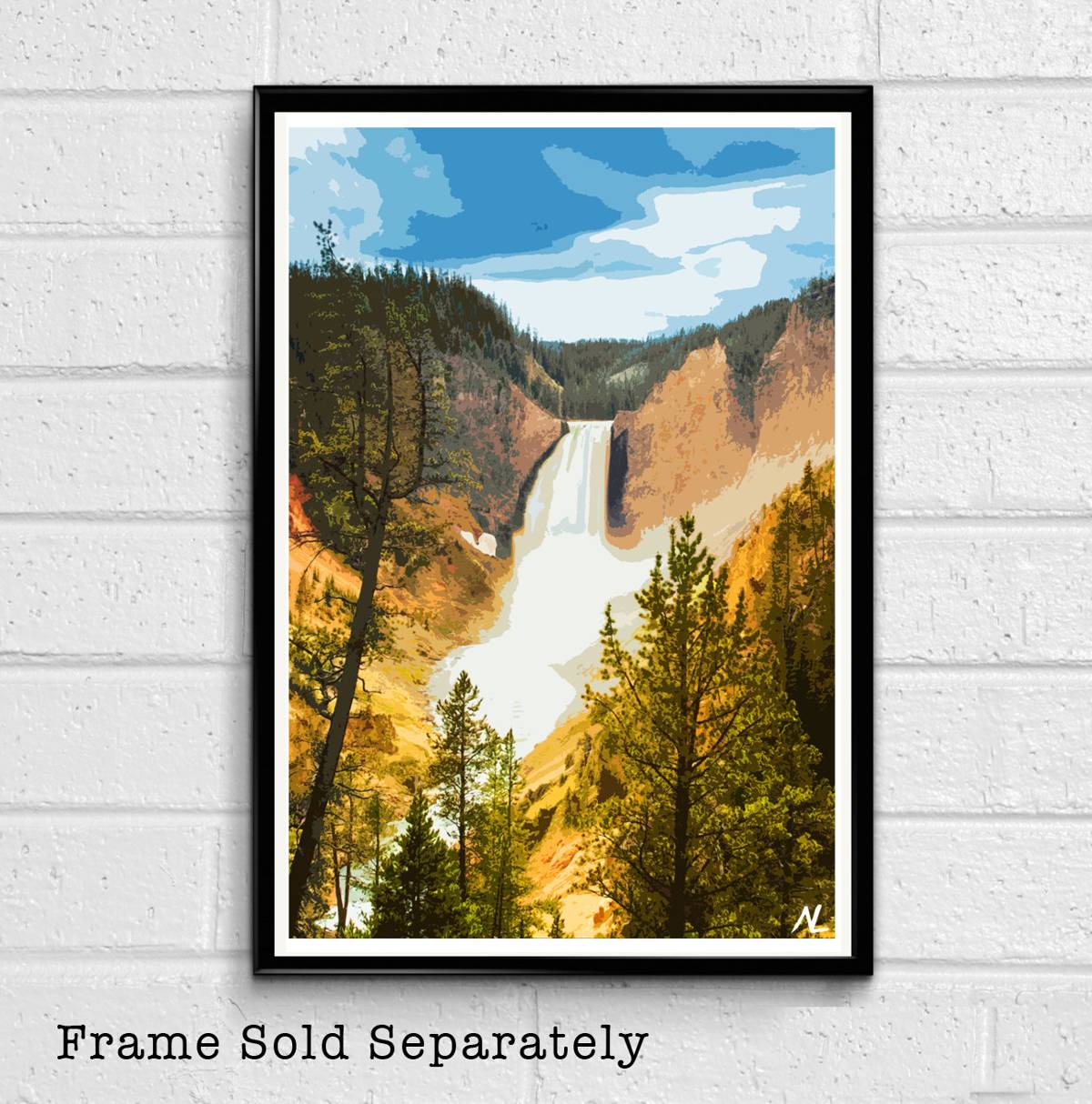 Yellowstone National Park Waterfall Illustration - Wyoming Landscape American United States - Poster | Canvas Wall Art Print