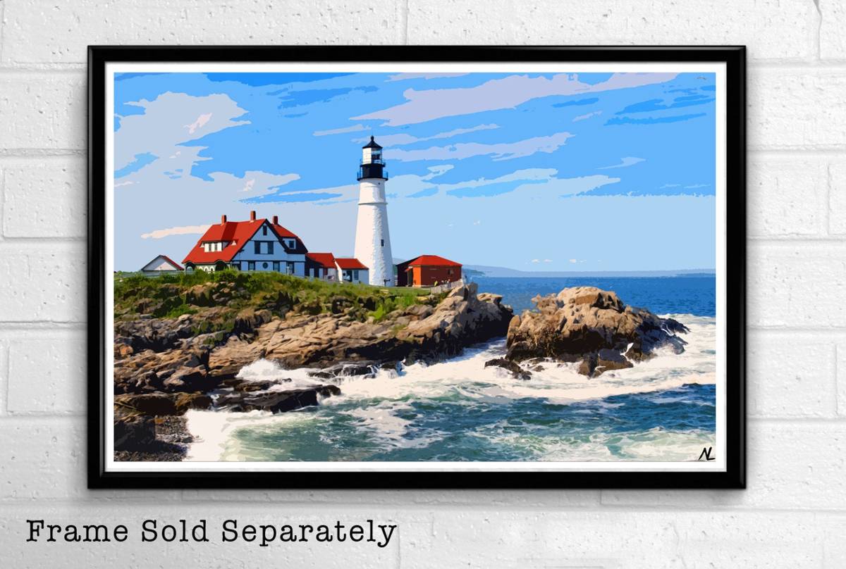 Portland Head Lighthouse Illustration - Maine Landscape American United States - Poster | Canvas Wall Art Print