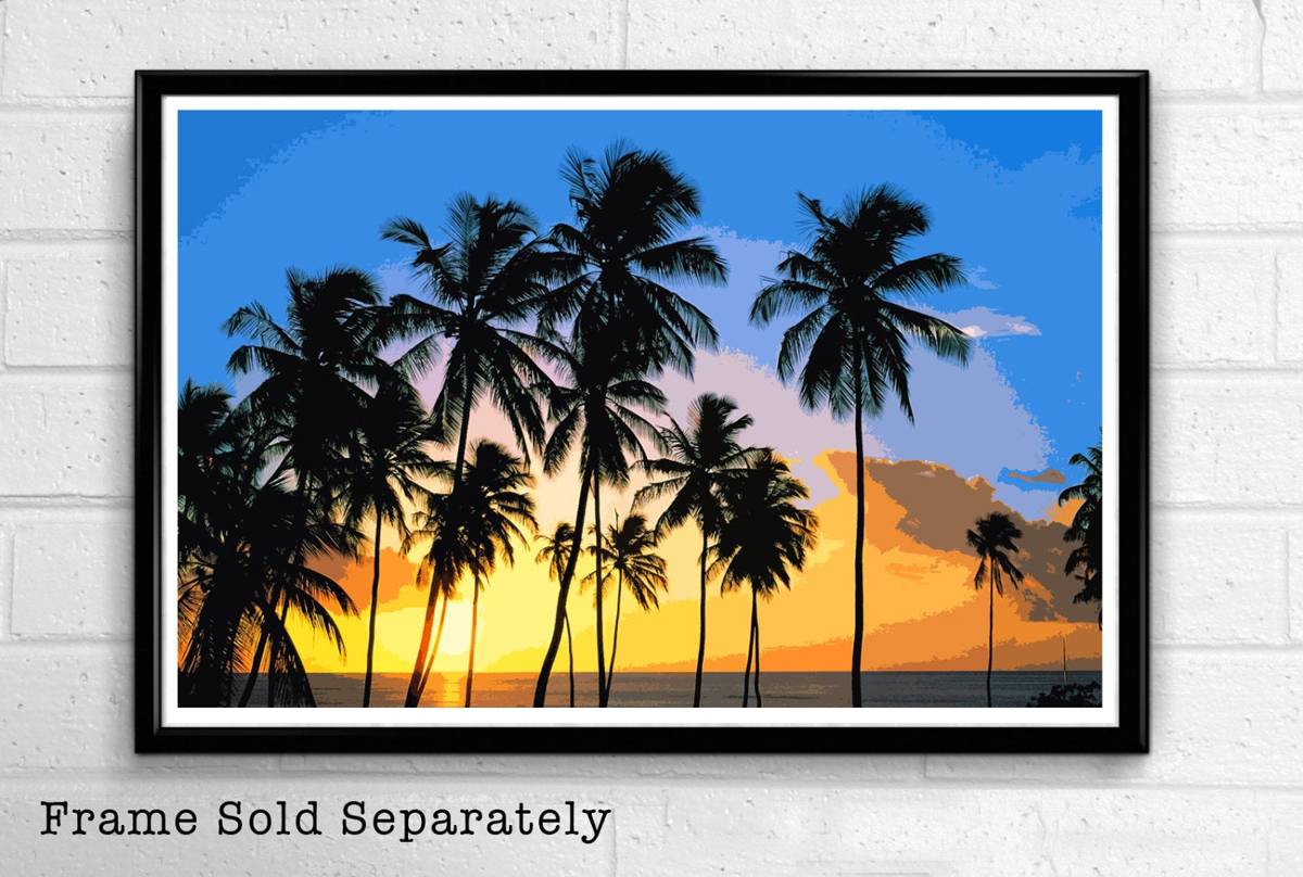 Tropical Palm Trees Sunset Illustration - Hawaii California Pacific Ocean Landscape American - Poster | Canvas Wall Art Print