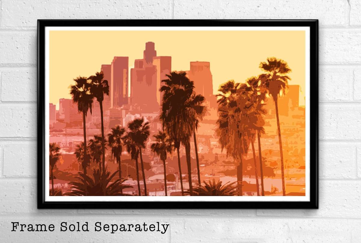 Los Angeles Palm Trees Orange Sunset Illustration - California City American Landscape Travel - Poster | Canvas Wall Art Print
