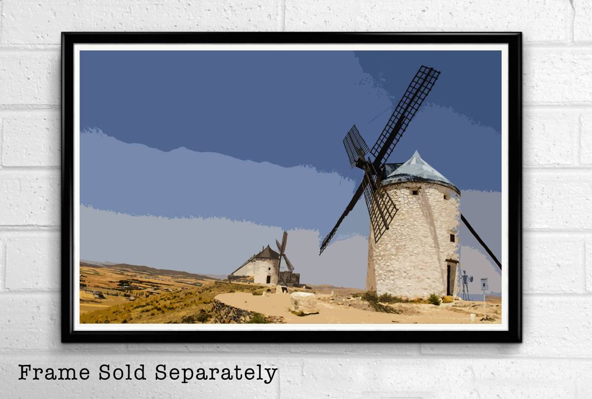 Spain'S Consuegra Windmills Illustration - Spanish Landmark Monument Europe Landmark - Poster | Canvas Wall Art Print