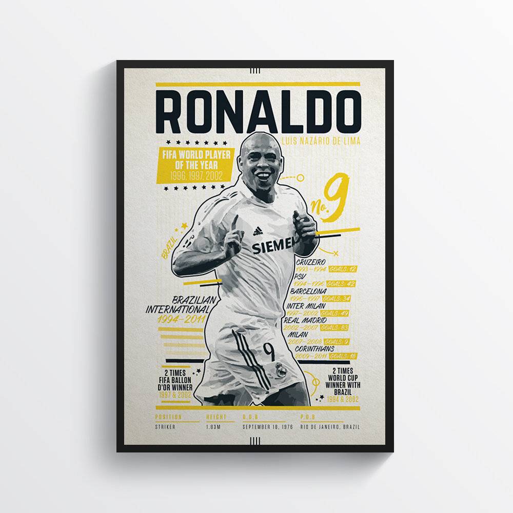 Ronaldo Lu?Naz?O De Lima Football Print Brazilian Legend Football - Poster | Canvas Wall Art Print