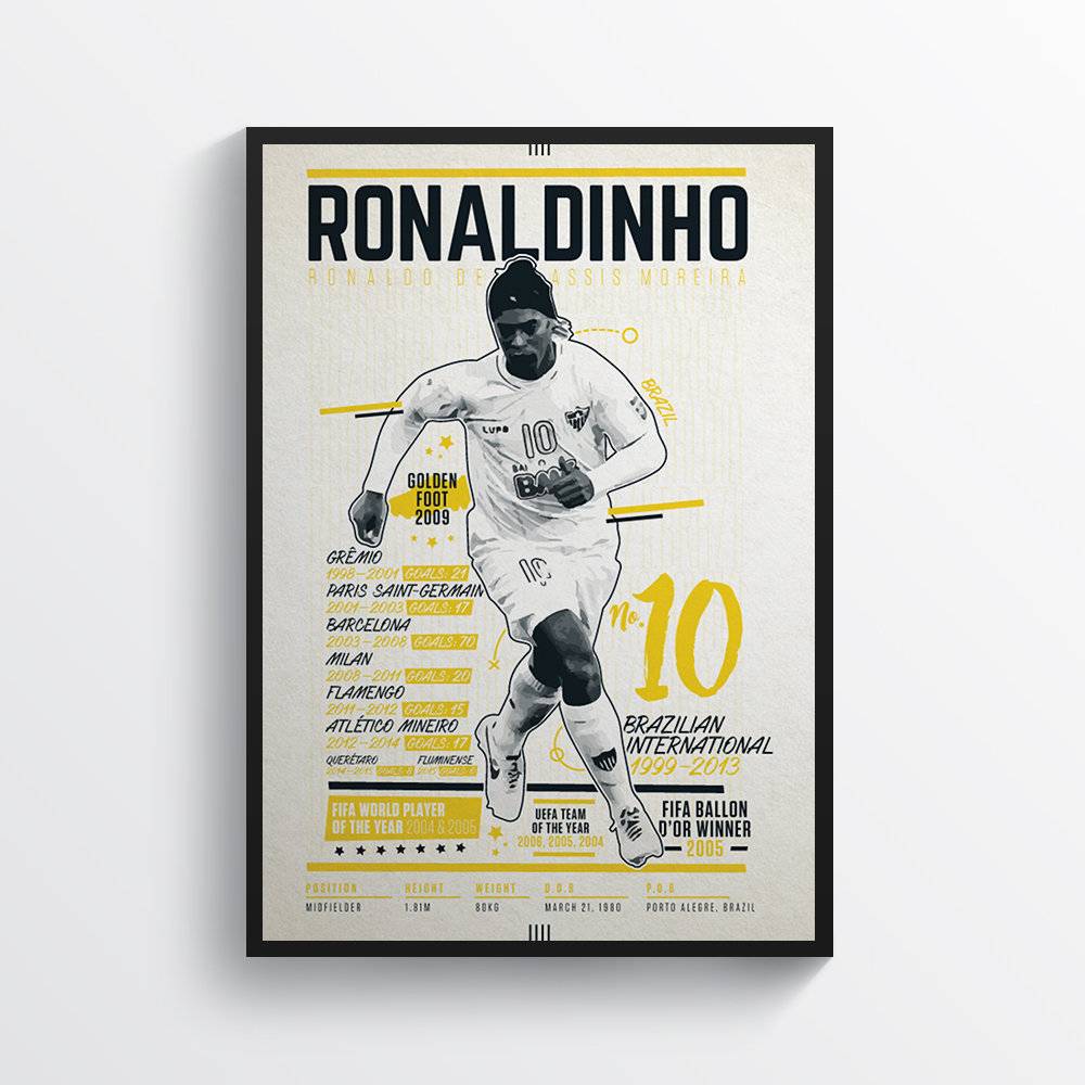 Ronaldinho Brazilian Legend Football Football Print - Poster | Canvas Wall Art Print