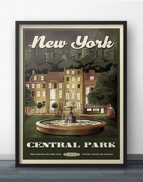 Friends Fountain New York Retro Vintage Travel Poster Inspired By Friends Tv Show &amp;Amp; Central Park – Poster | Canvas Wall Art Print