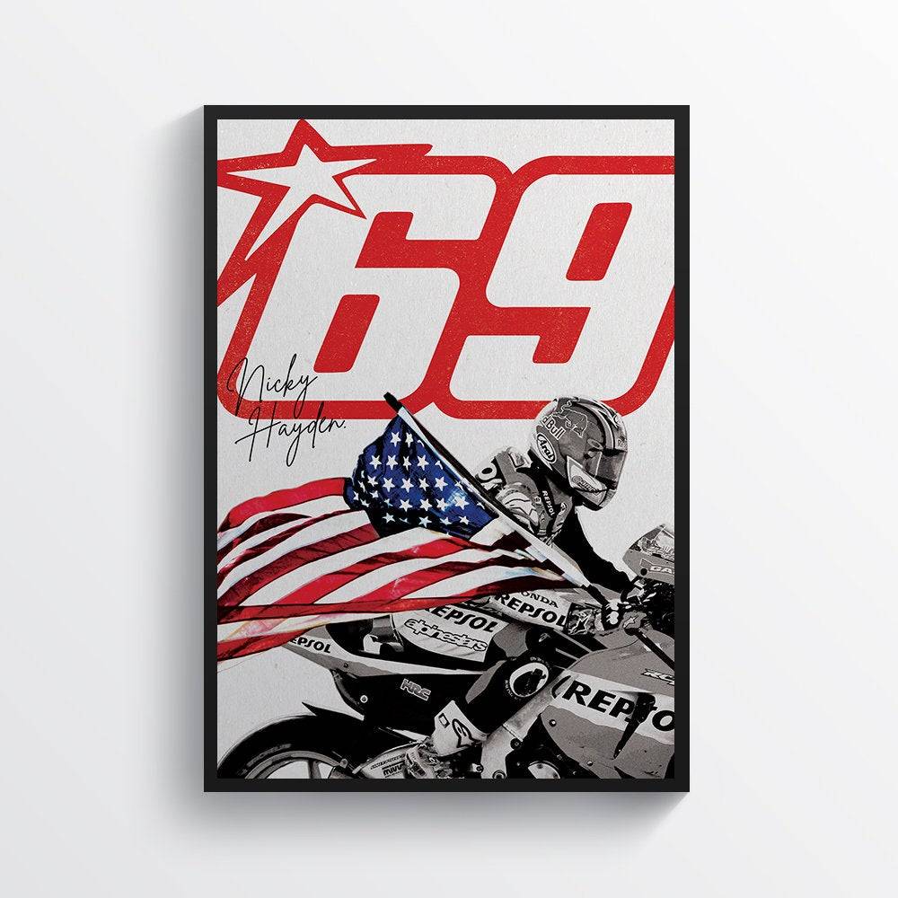 Nicky Hayden, Kentucky Kid, 69 Moto Gp Honda Motorcycle Print Portrait - Poster | Canvas Wall Art Print