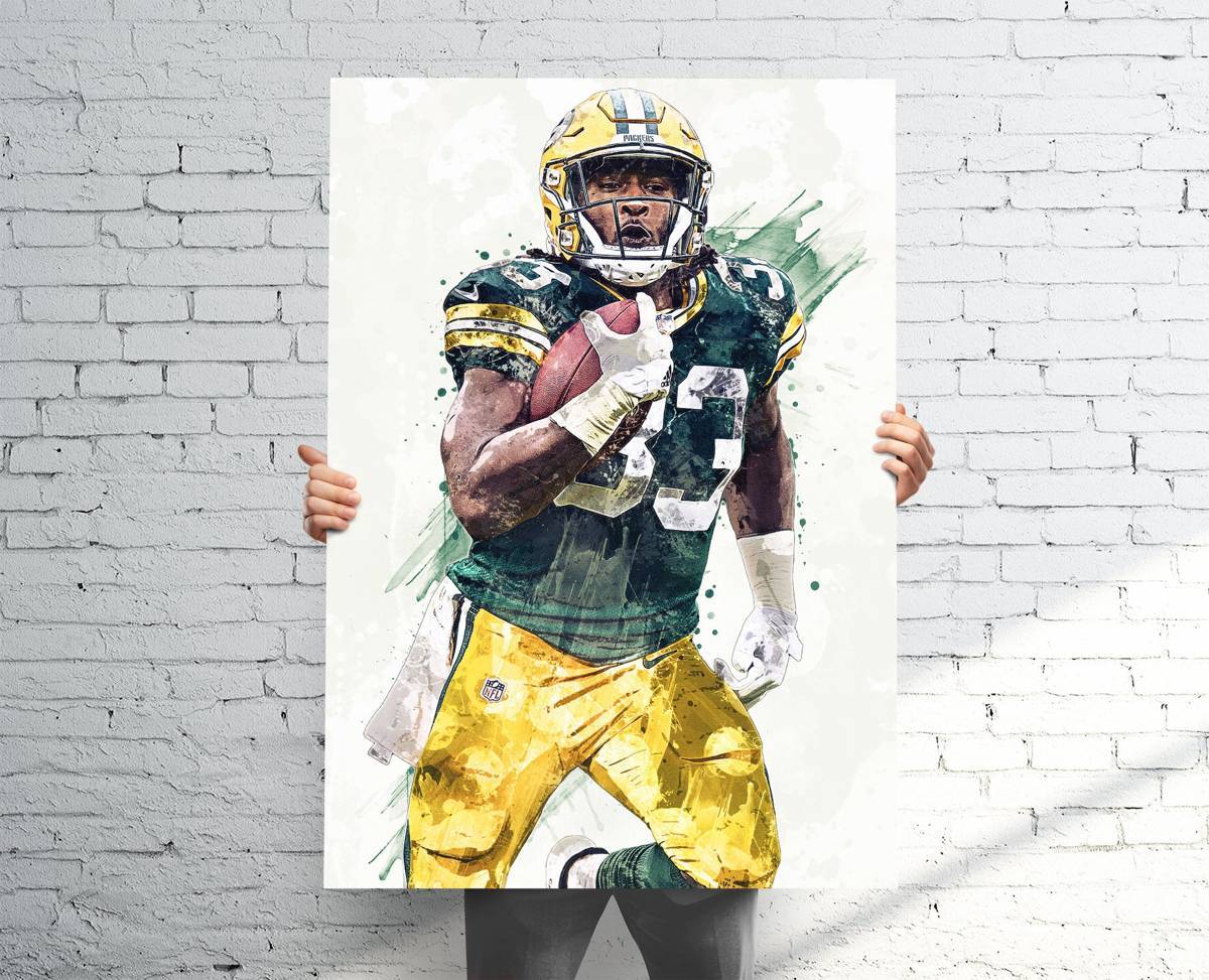Aaron Jones Green Bay Packers Sports Art Print, Football, Sports Decor – Poster | Canvas Wall Art Print