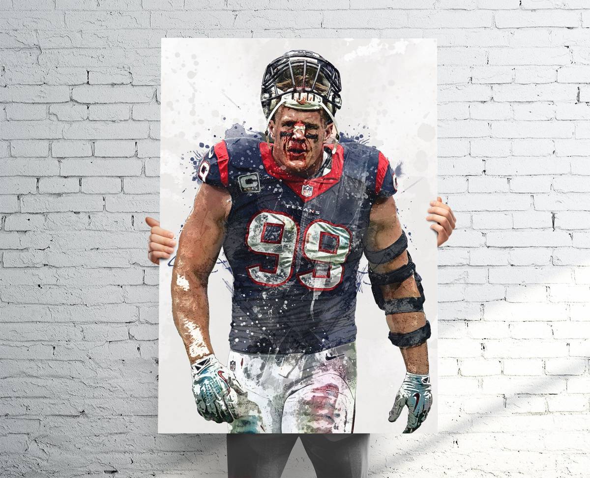 Jj Watt 'Bloddy Nose' Houston Texans Sports Art Print, Football, Sports Decor – Poster | Canvas Wall Art Print