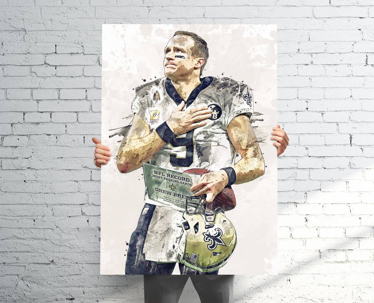 Drew Brees Passing Record Saints Sports Art Print, Football, Sports Decor – Poster | Canvas Wall Art Print