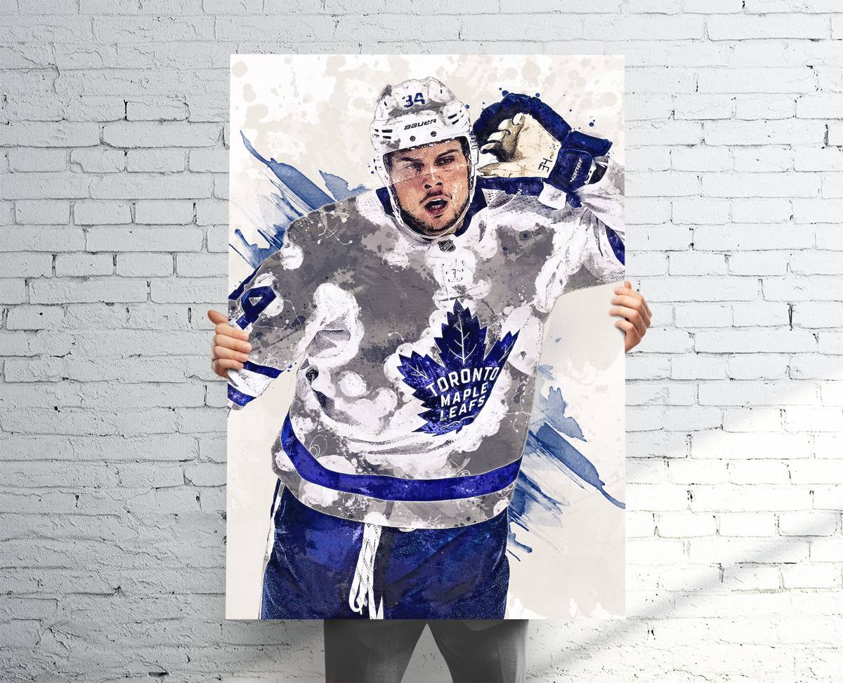Auston Matthews 'Goal Celly' Maple Leafs Sports Art Print, Hockey, Sports Decor – Poster | Canvas Wall Art Print