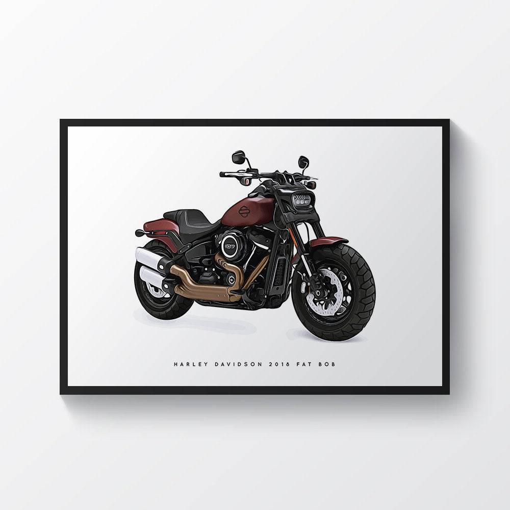 Harley Davidson 2018 Fat Bob Motorcycle Print Sports Bike Motorbike - Poster | Canvas Wall Art Print