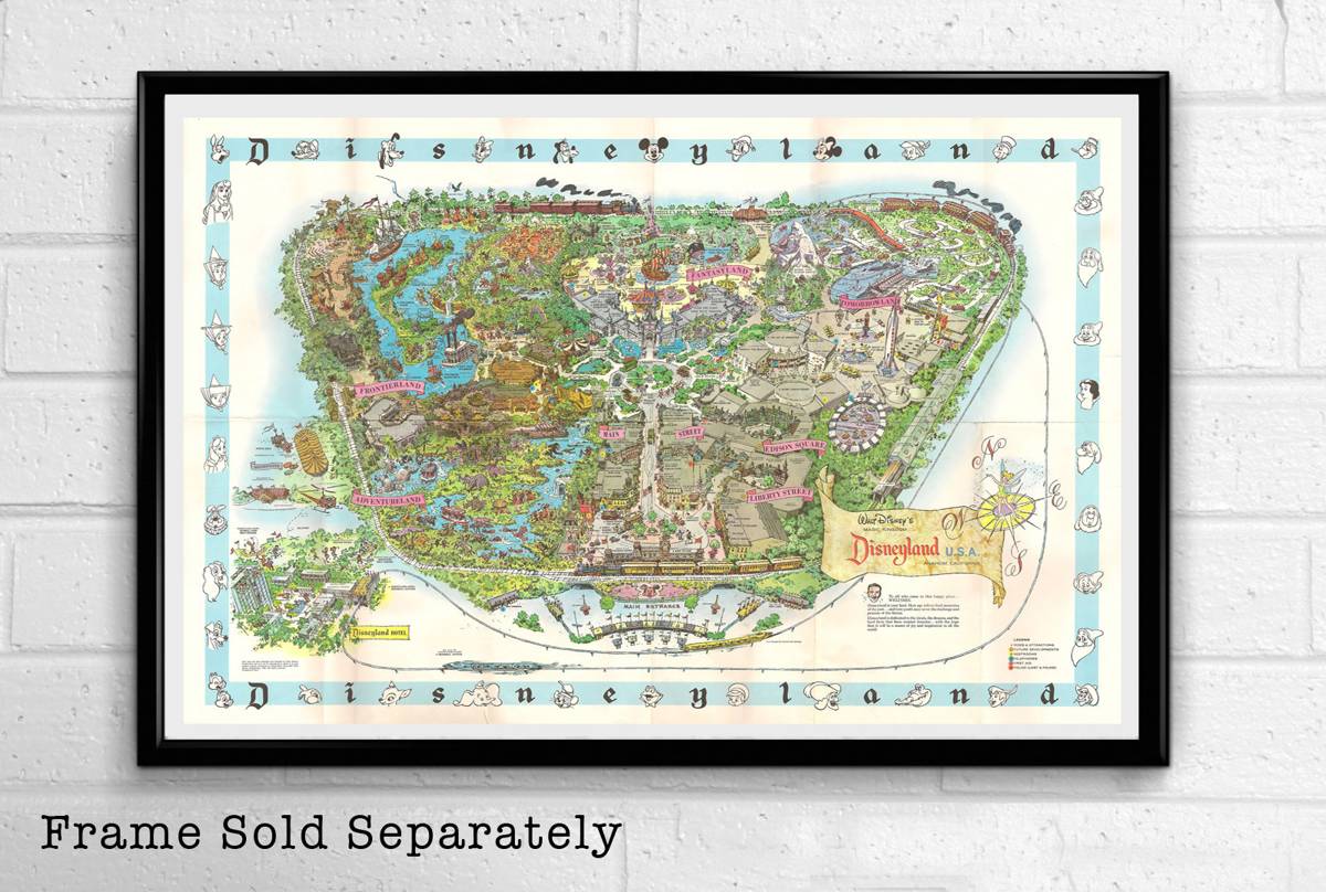Vintage 1960'S Disneyland Map Illustration - Walt Disney Fantasy Theme Park - Poster | Canvas Wall Art Print