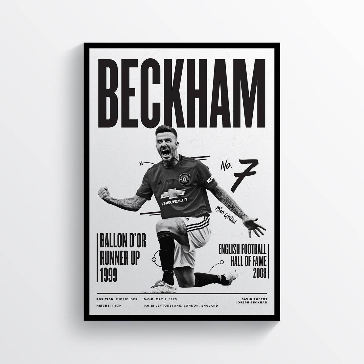 David Beckham B&amp;Amp;Amp;W Manchester United Football Player Legend Print Mufc - Poster | Canvas Wall Art Print