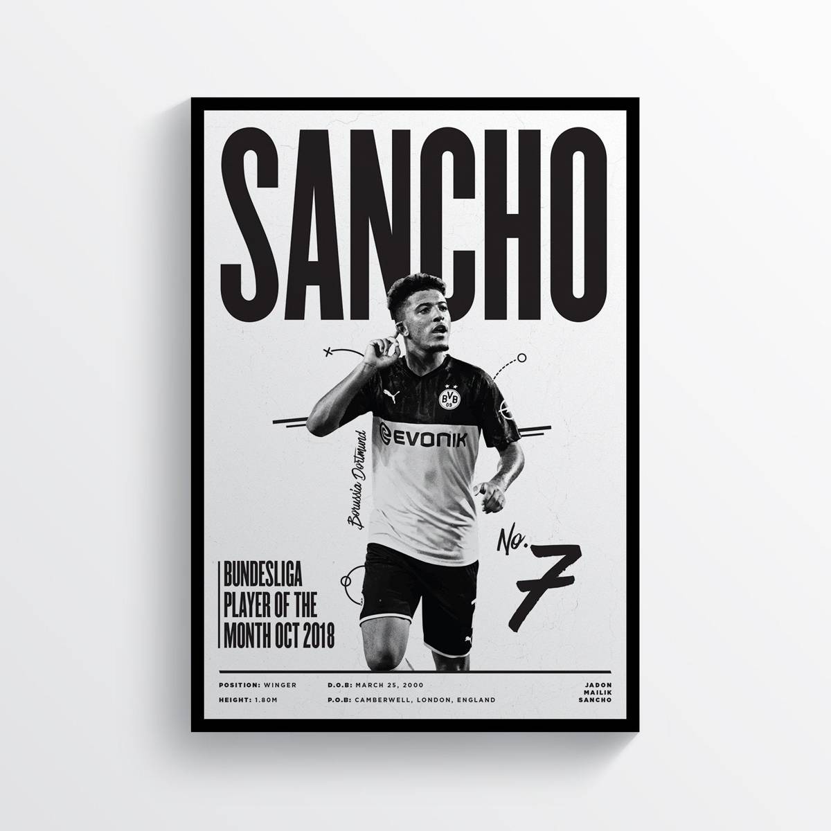 Jadon Sancho Borussia Dortmund England Football Player Print - Poster | Canvas Wall Art Print