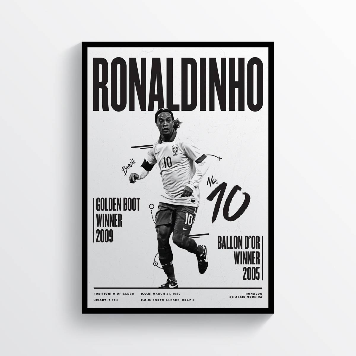 Ronaldinho Black &amp;Amp;Amp; White Brazilian Legend Football Football Print - Poster | Canvas Wall Art Print
